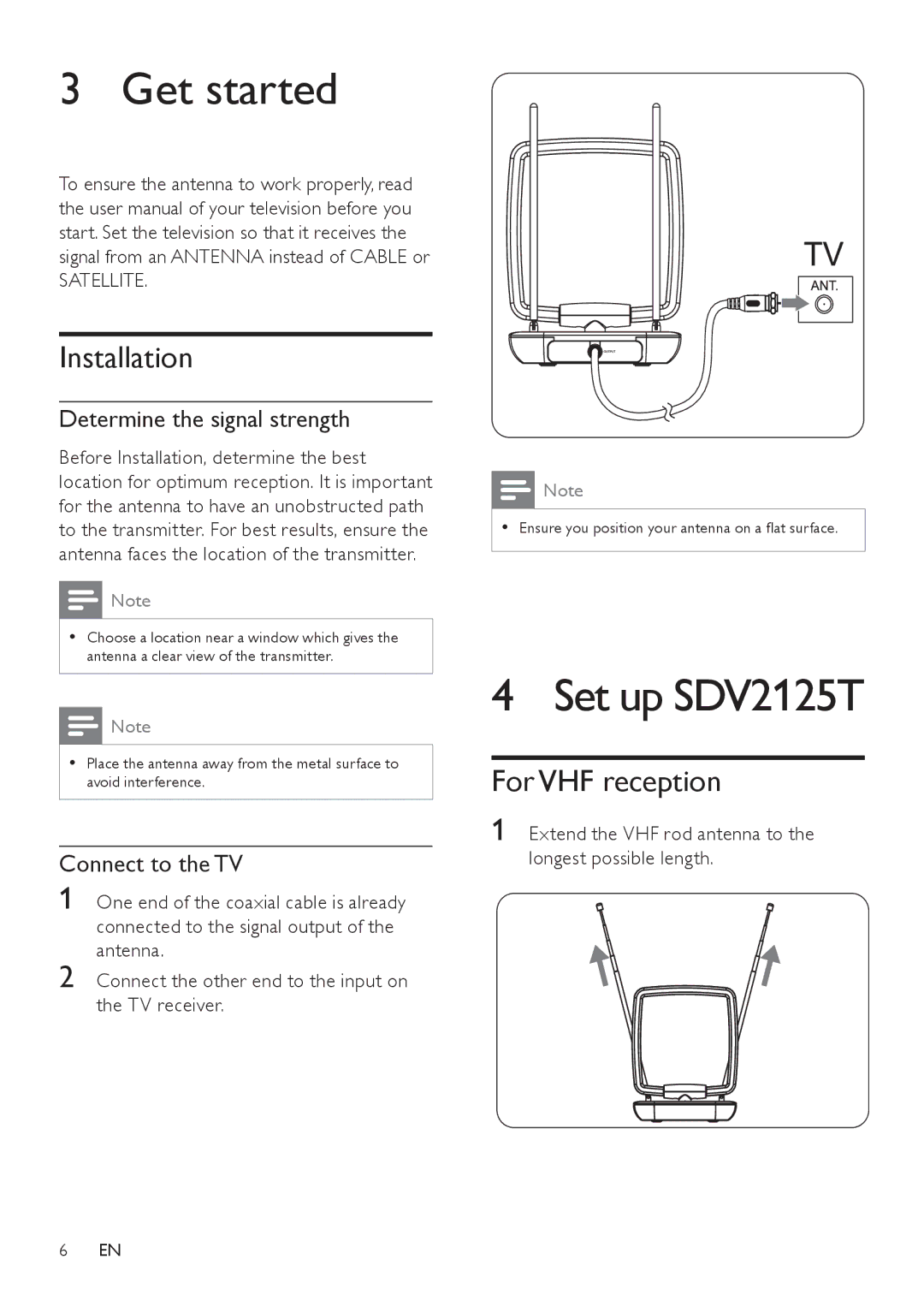 Philips SDV2125T/27 user manual Get started, Set up SDV2125T, Installation, For VHF reception 