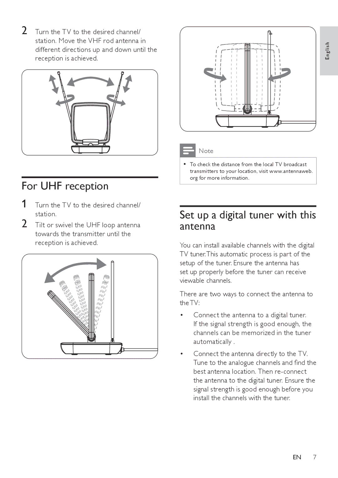 Philips SDV2125T/27 For UHF reception, Set up a digital tuner with this antenna, Connect the antenna directly to the TV 