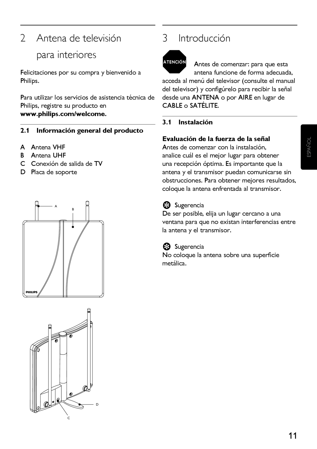 Philips SDV2710/27 manual Introducción, Antena de televisión para interiores, Información general del producto, Instalación 