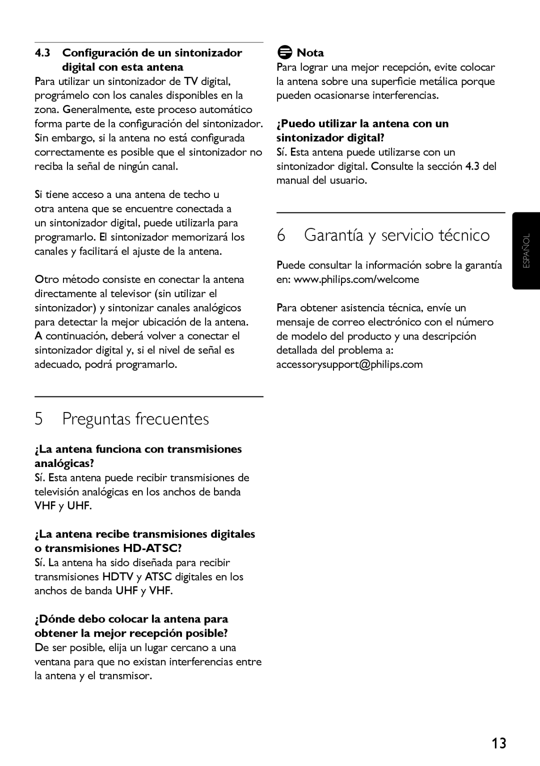 Philips SDV2710/27 Garantía y servicio técnico, Preguntas frecuentes, ¿La antena funciona con transmisiones analógicas? 