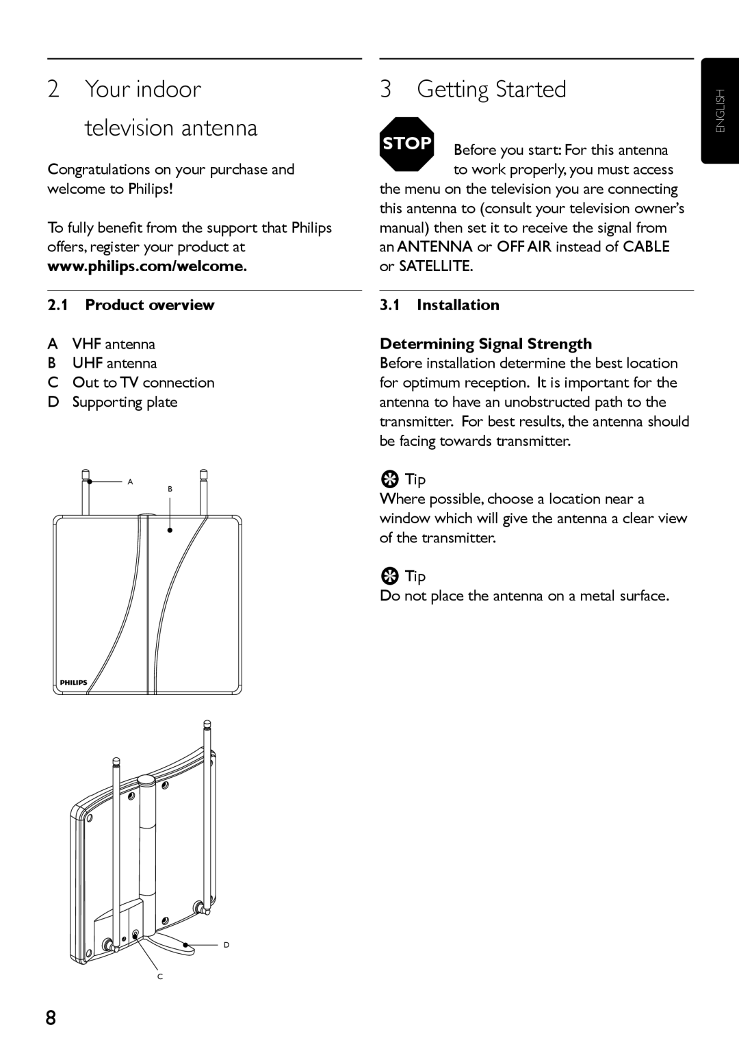 Philips SDV2710/27 manual Getting Started, Your indoor television antenna, Product overview 