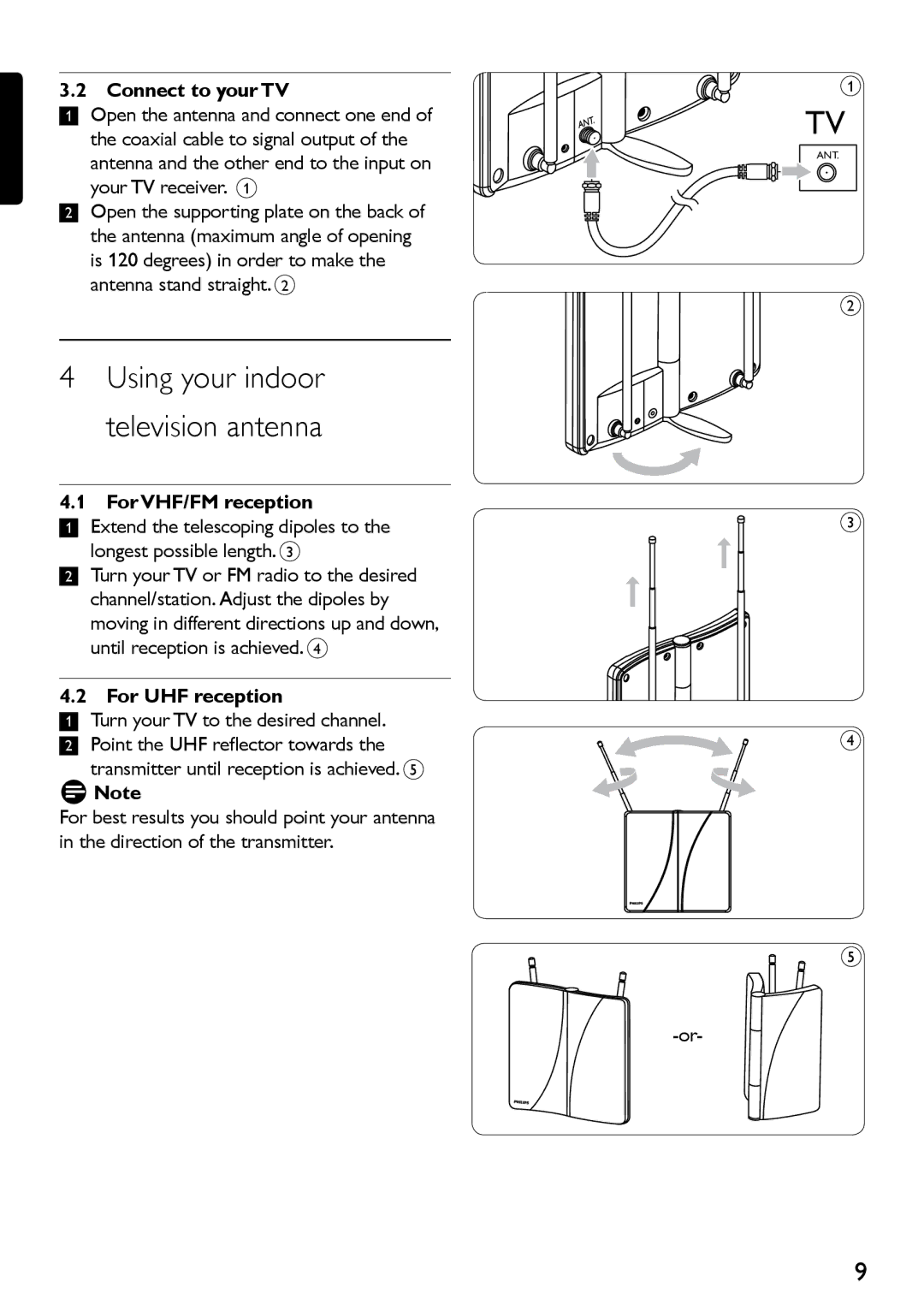 Philips SDV2710/27 manual Using your indoor television antenna, Connect to your TV, For VHF/FM reception, For UHF reception 