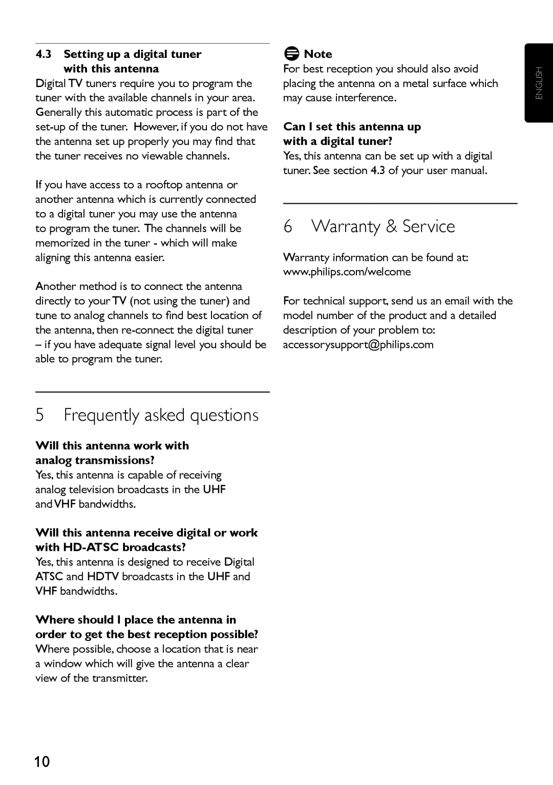 Philips SDV2710/27 manual Warranty & Service, Frequently asked questions, Setting up a digital tuner with this antenna 