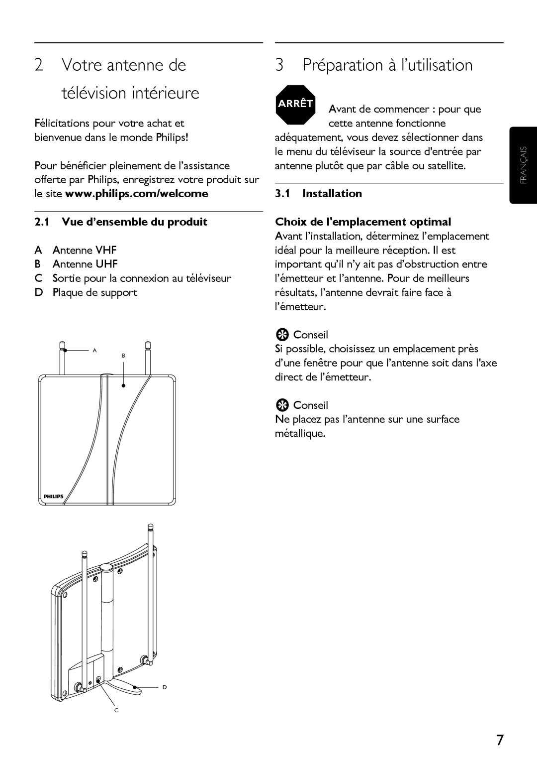 Philips SDV2710/27 manual Préparation à l’utilisation, Votre antenne de télévision intérieure, Vue d’ensemble du produit 