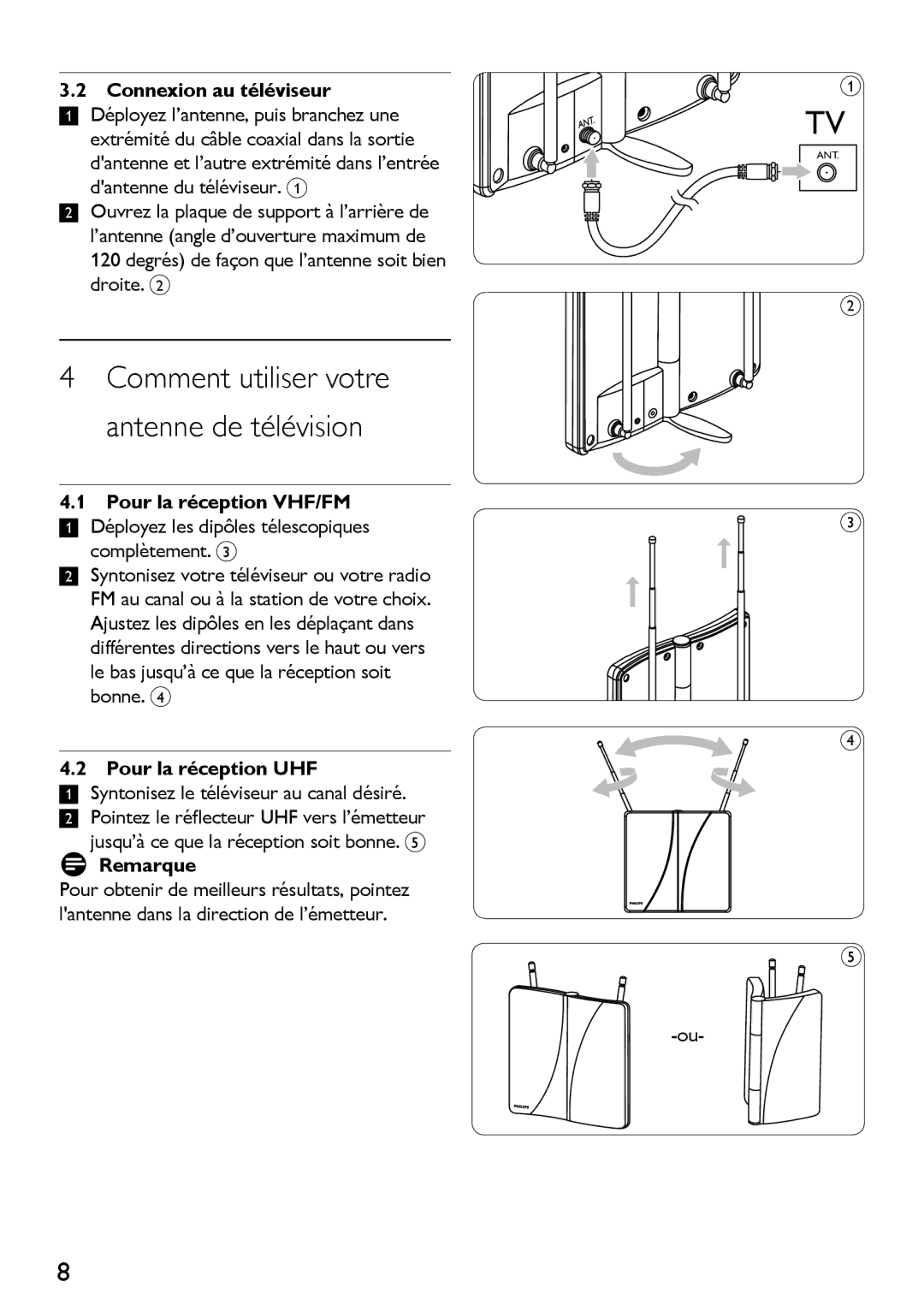 Philips SDV2710/27 manual Comment utiliser votre antenne de télévision, Connexion au téléviseur, Pour la réception VHF/FM 