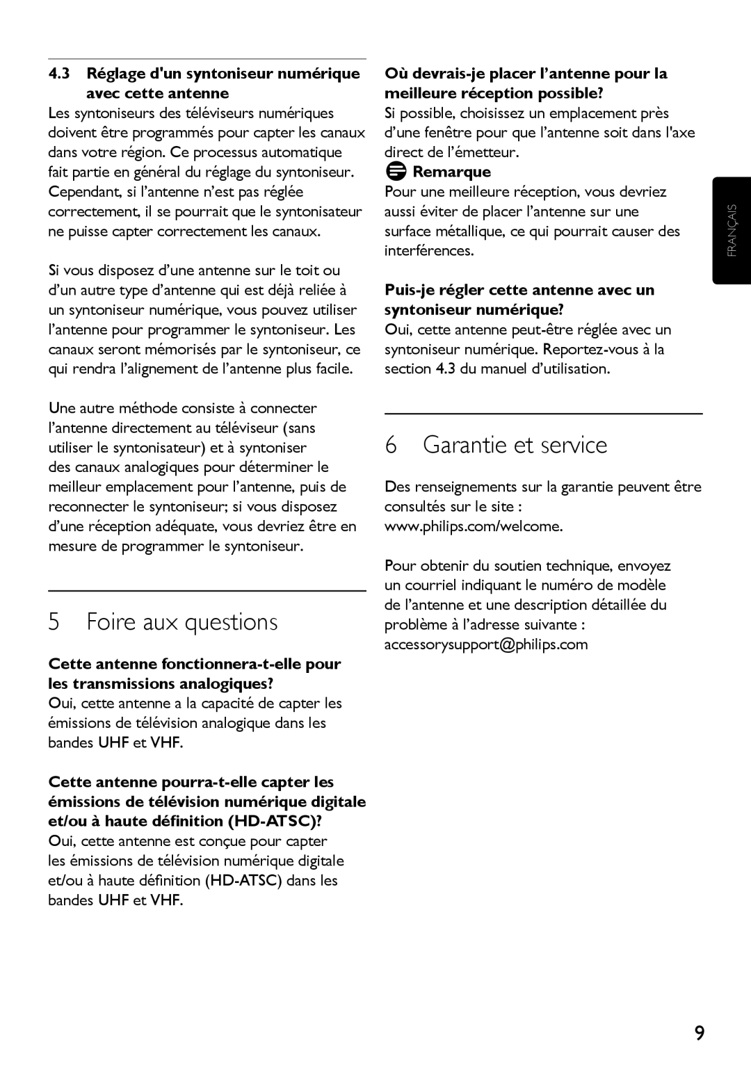 Philips SDV2710/27 manual Foire aux questions, Garantie et service, Réglage dun syntoniseur numérique avec cette antenne 