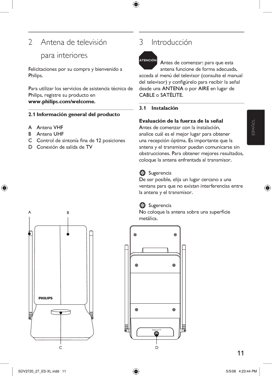 Philips SDV2720/27 manual Introducción, Antena de televisión para interiores, Información general del producto, Instalación 