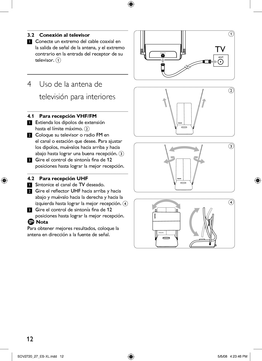 Philips SDV2720/27 Uso de la antena de televisión para interiores, Conexión al televisor, Para recepción VHF/FM, Nota 