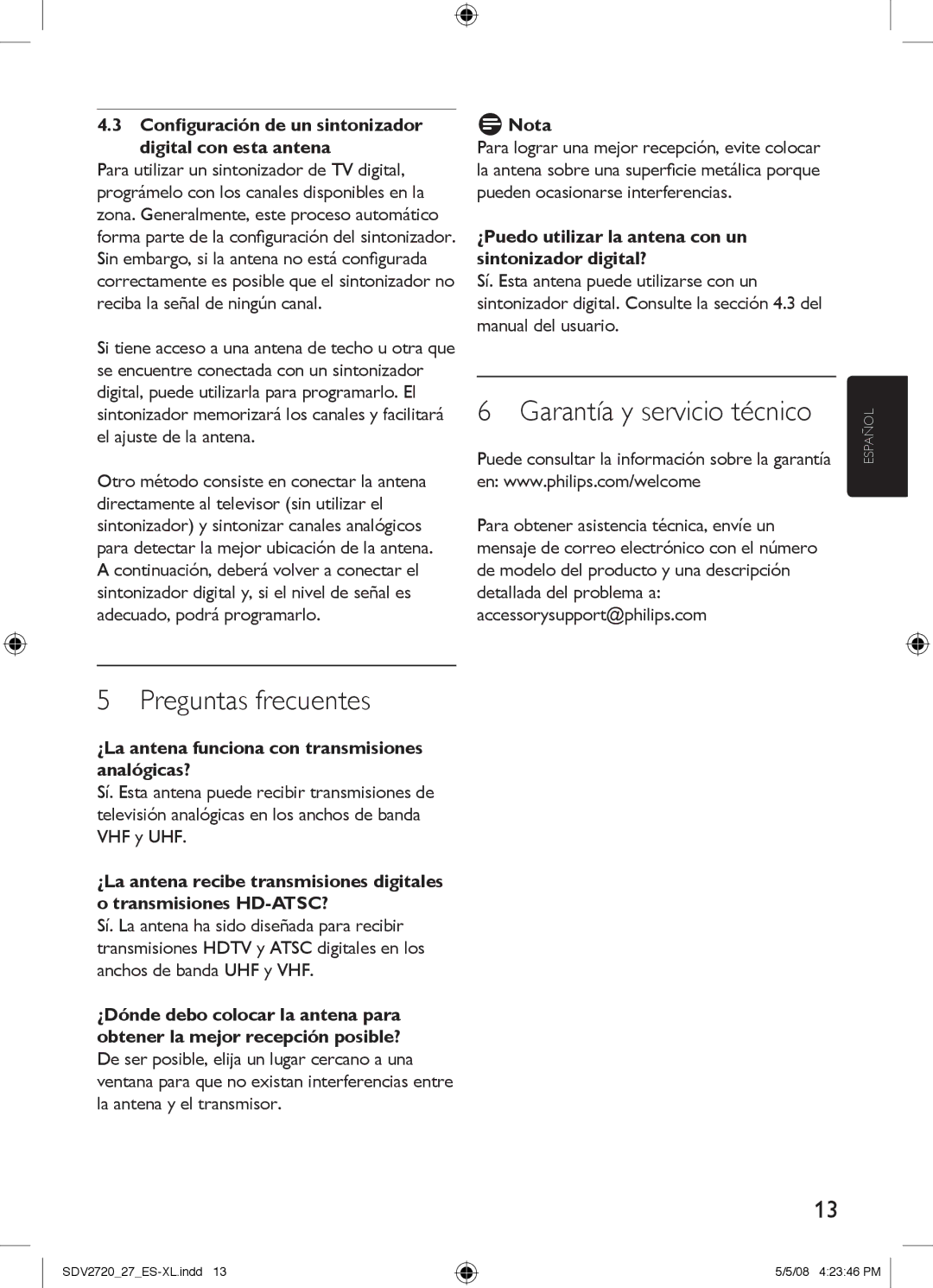 Philips SDV2720/27 Garantía y servicio técnico, Preguntas frecuentes, ¿La antena funciona con transmisiones analógicas? 