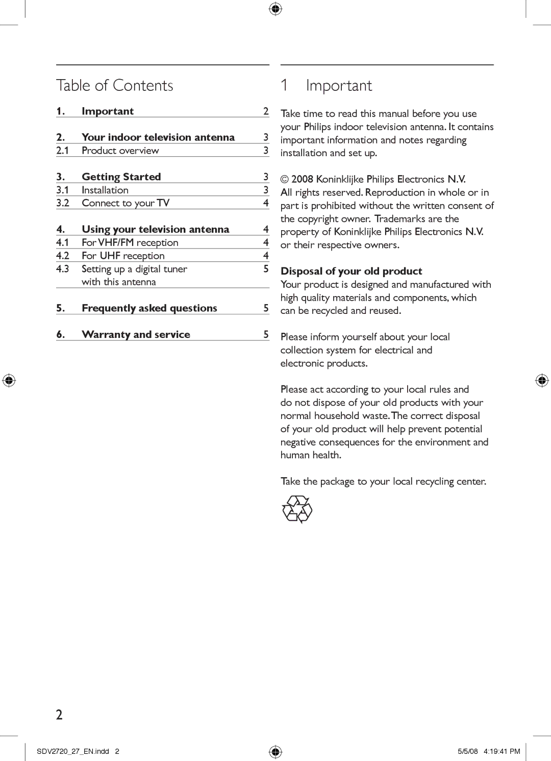 Philips SDV2720/27 manual Table of Contents 