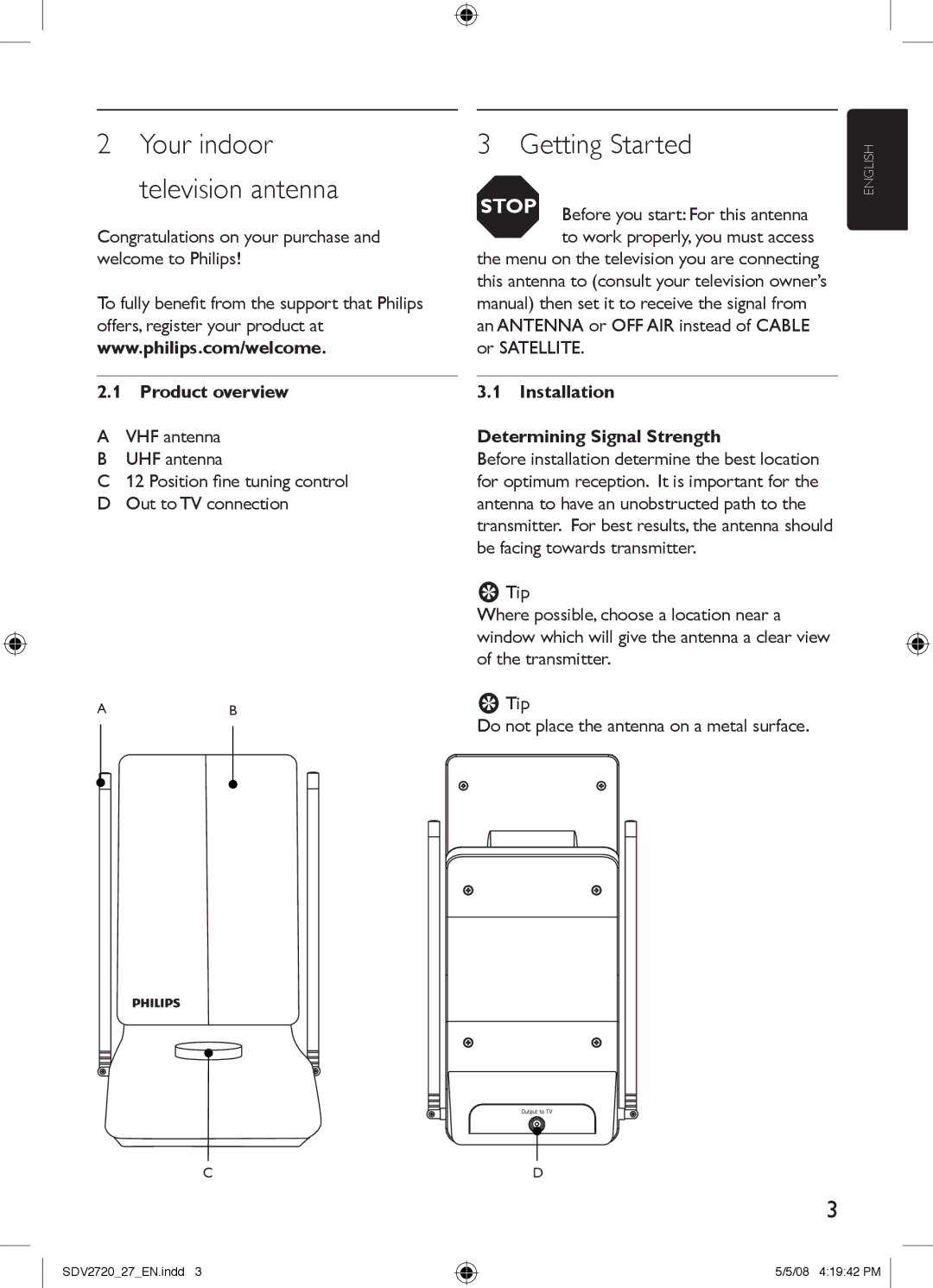 Philips SDV2720/27 manual Your indoor television antenna, Product overview, Installation Determining Signal Strength 