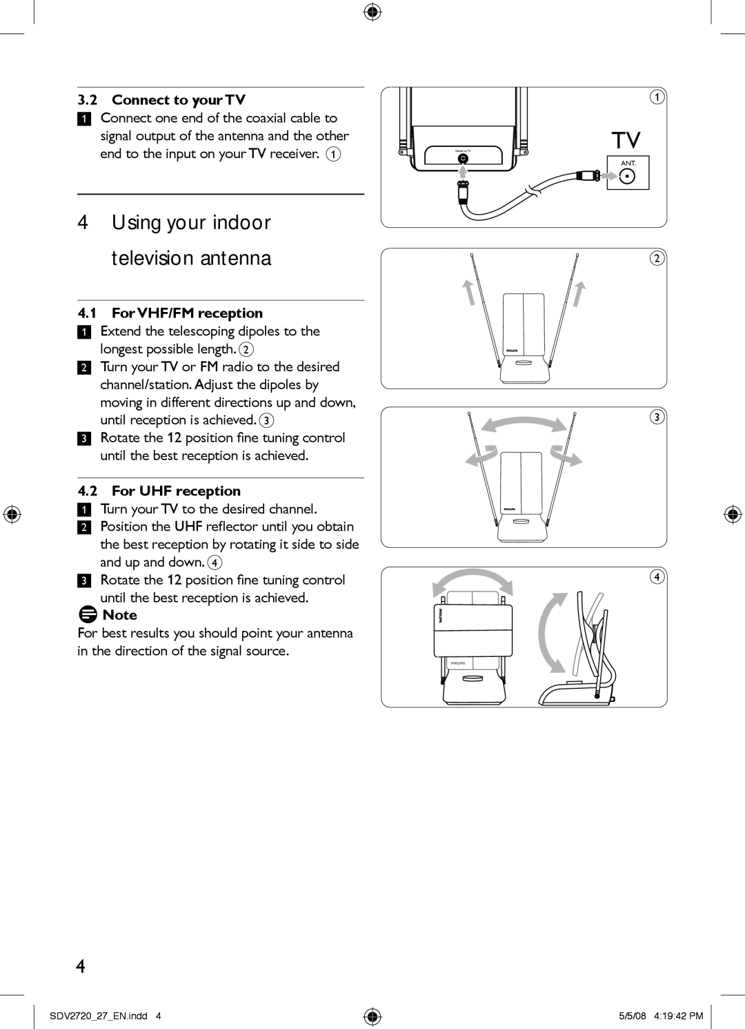 Philips SDV2720/27 manual Using your indoor television antenna, Connect to your TV, For VHF/FM reception, For UHF reception 