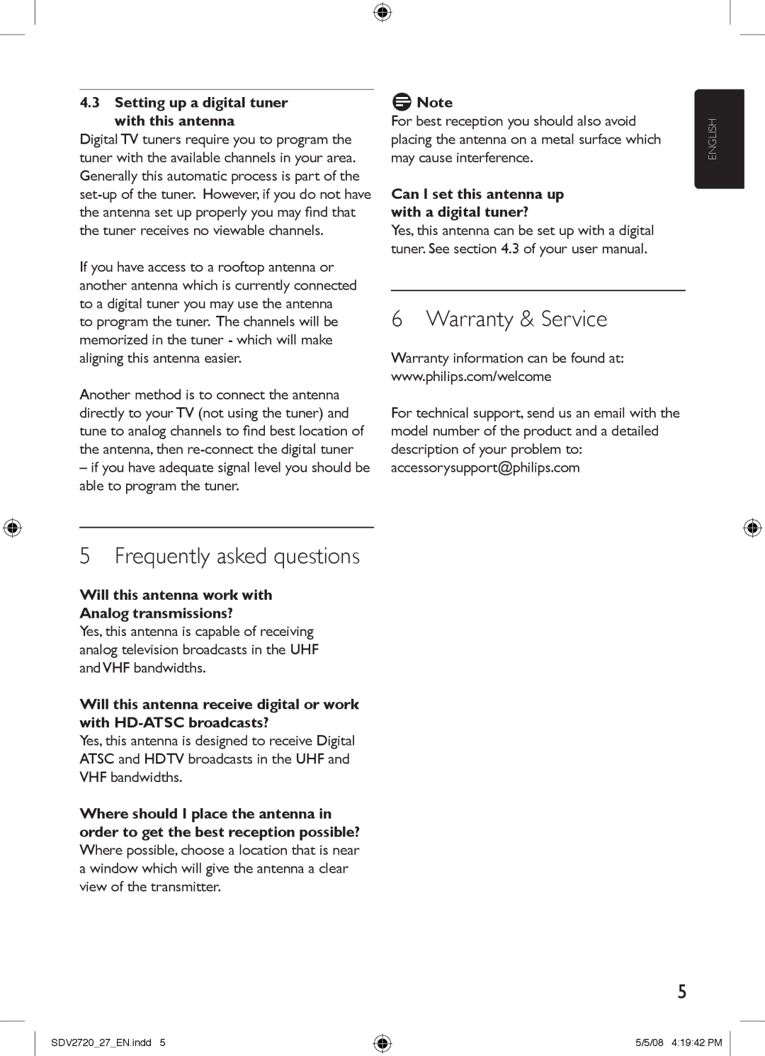 Philips SDV2720/27 manual Warranty & Service, Frequently asked questions, Setting up a digital tuner with this antenna 