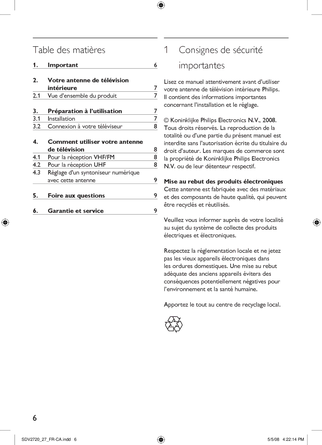 Philips SDV2720/27 manual Table des matières, Votre antenne de télévision Intérieure, Préparation à l’utilisation 