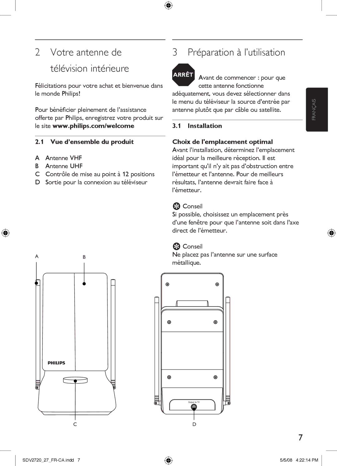 Philips SDV2720/27 manual Préparation à l’utilisation, Votre antenne de télévision intérieure, Vue d’ensemble du produit 