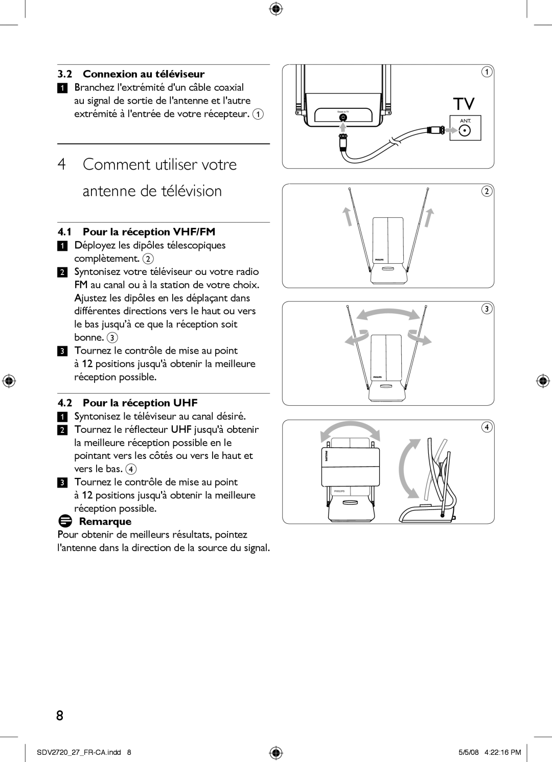 Philips SDV2720/27 manual Comment utiliser votre antenne de télévision, Connexion au téléviseur, Pour la réception VHF/FM 