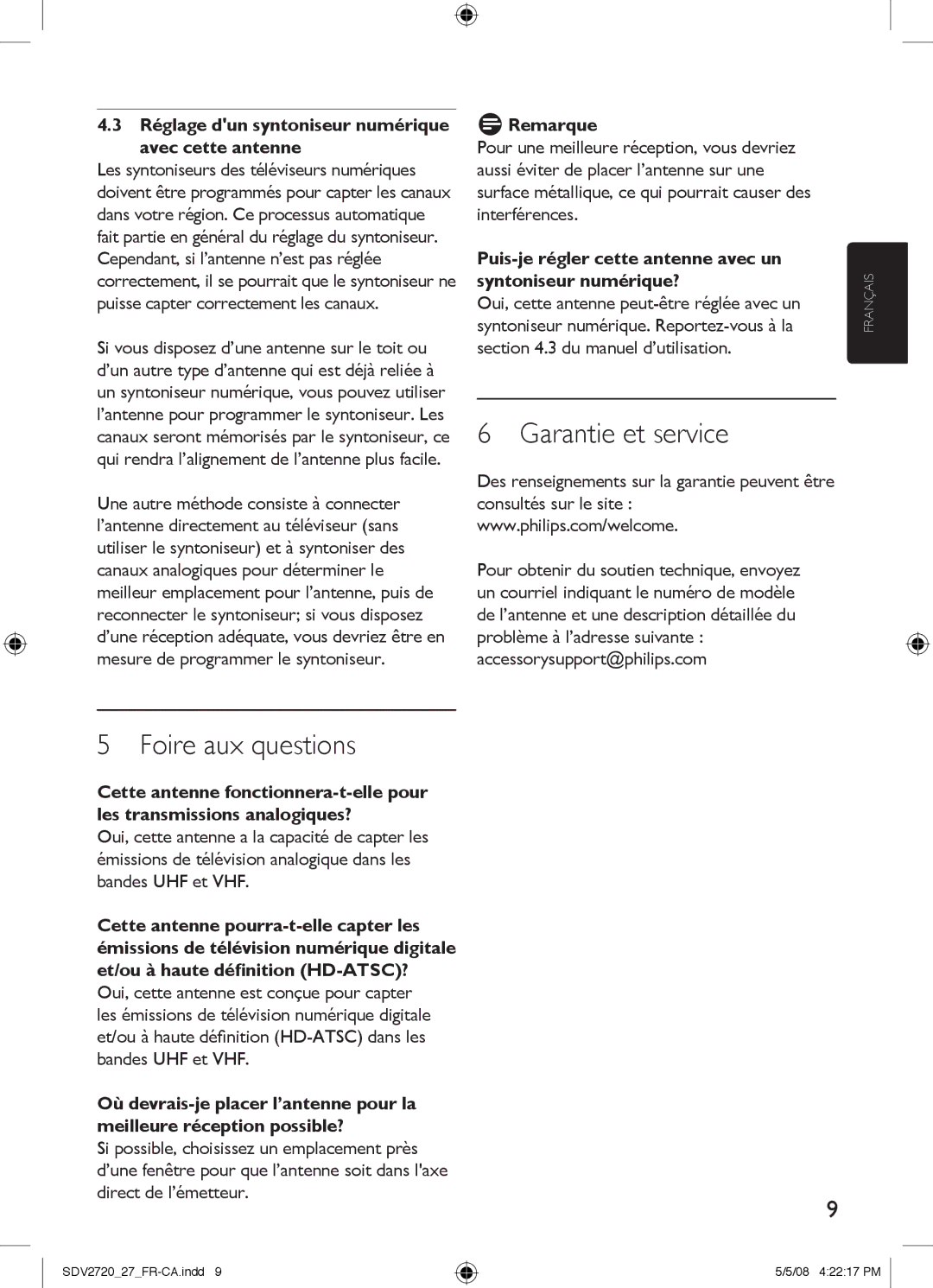 Philips SDV2720/27 manual Garantie et service, Foire aux questions, Réglage dun syntoniseur numérique avec cette antenne 