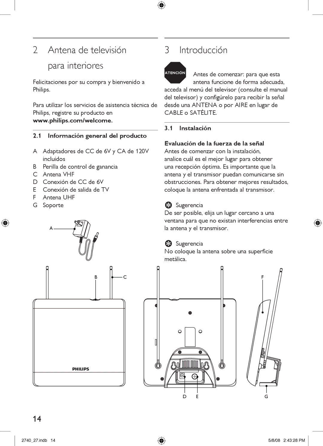 Philips SDV2740/27 manual Introducción, Antena de televisión para interiores, Información general del producto, Instalación 