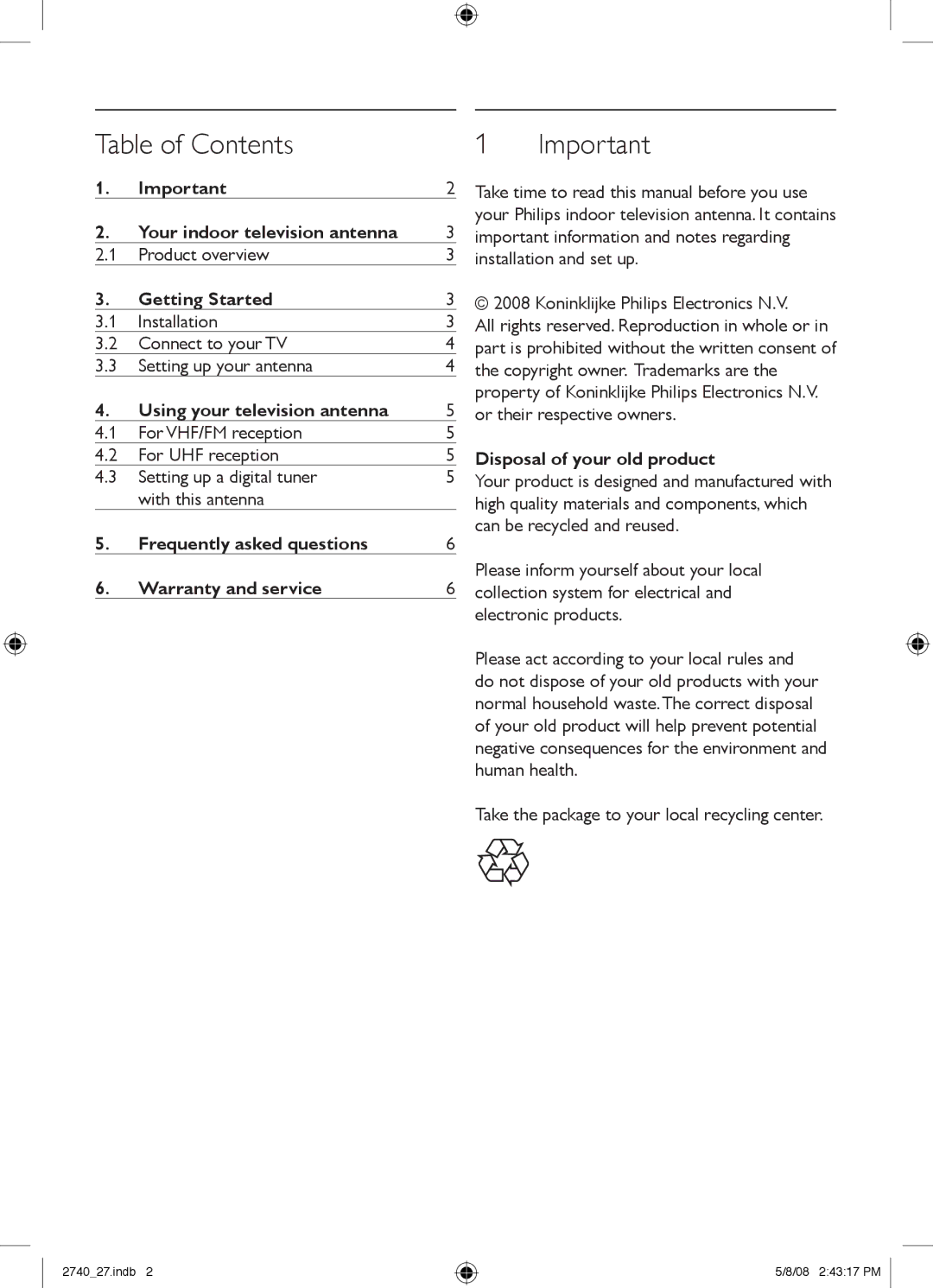 Philips SDV2740/27 manual Table of Contents 