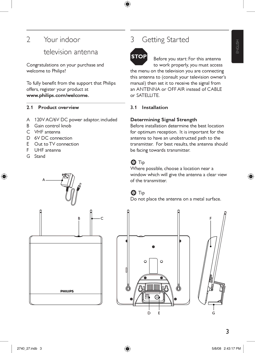 Philips SDV2740/27 manual Your indoor television antenna, Product overview, Installation Determining Signal Strength 