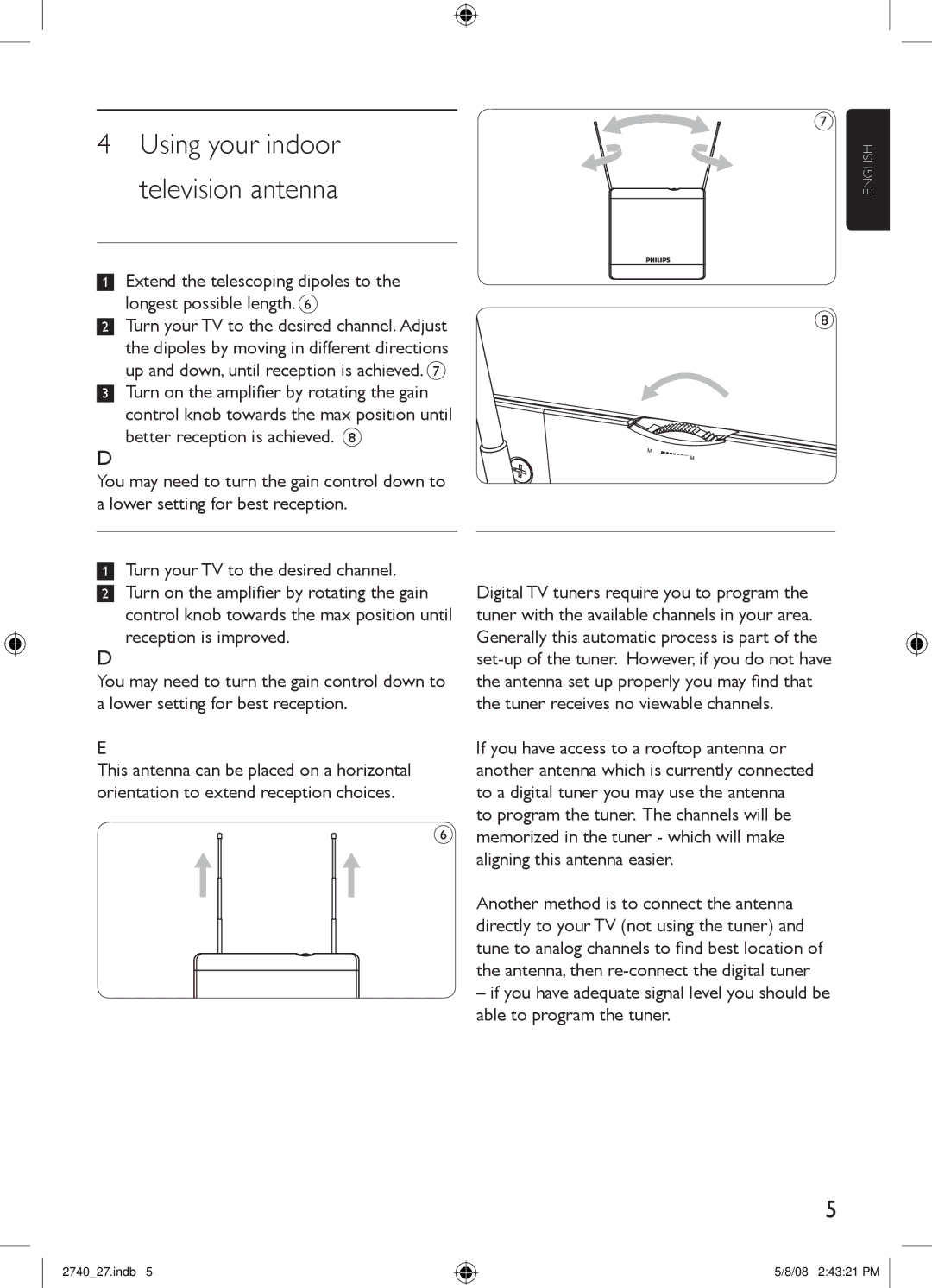 Philips SDV2740/27 manual Using your indoor television antenna, For VHF/FM reception, For UHF reception, Tip 