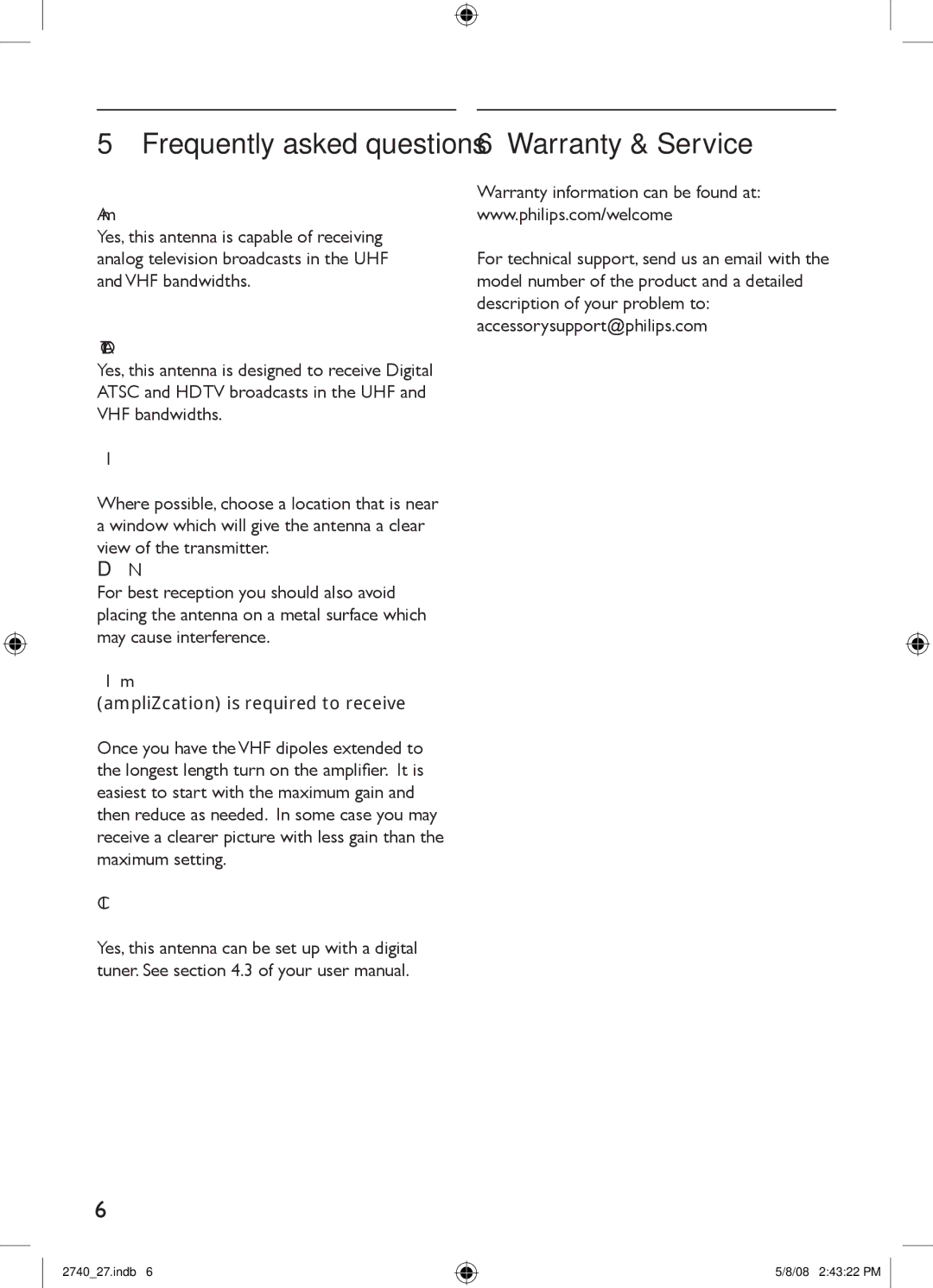 Philips SDV2740/27 manual Frequently asked questions, Warranty & Service, Will this antenna work with Analog transmissions? 