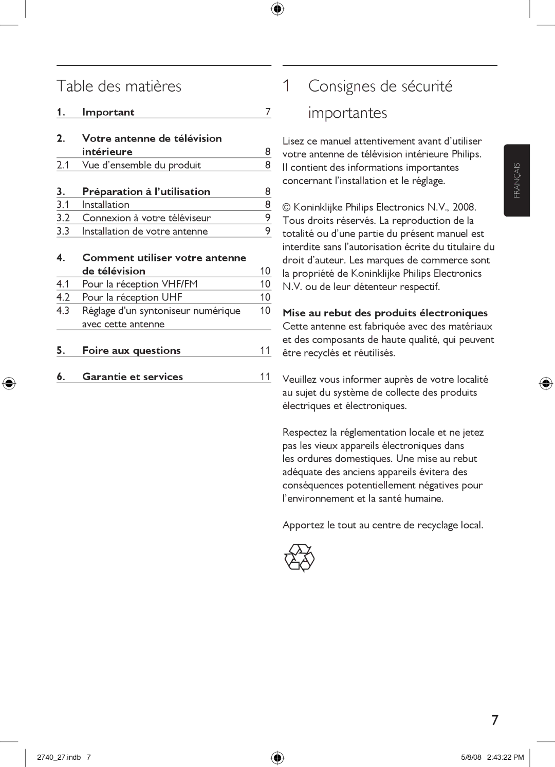 Philips SDV2740/27 manual Table des matières, Votre antenne de télévision Intérieure, Préparation à l’utilisation 