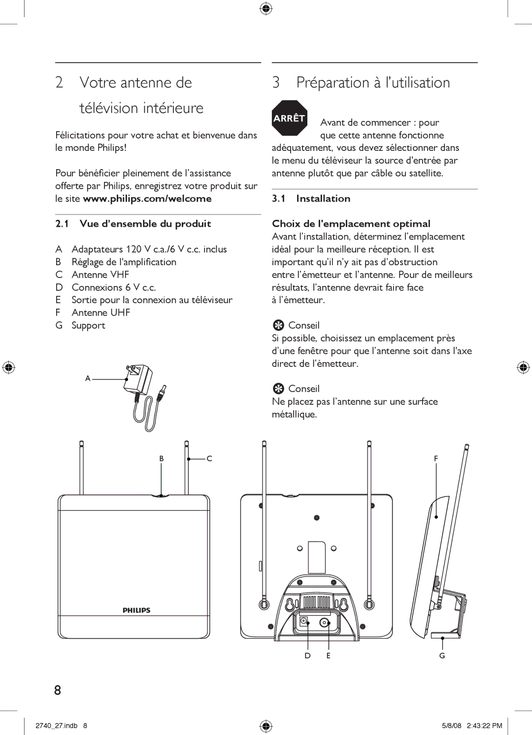 Philips SDV2740/27 manual Préparation à l’utilisation, Votre antenne de télévision intérieure, Vue d’ensemble du produit 