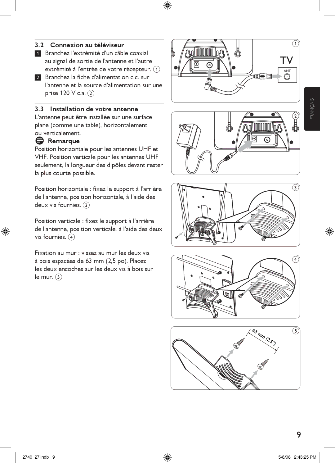 Philips SDV2740/27 manual Connexion au téléviseur, Installation de votre antenne, Remarque 