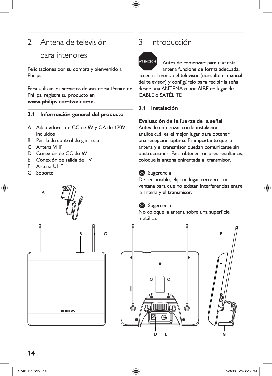 Philips SDV2740/27 manual Introducción, 2Antena de televisión para interiores 