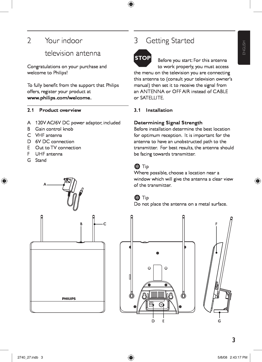 Philips SDV2740/27 manual 2Your indoor television antenna, Getting Started, Stop, Before you start For this antenna 