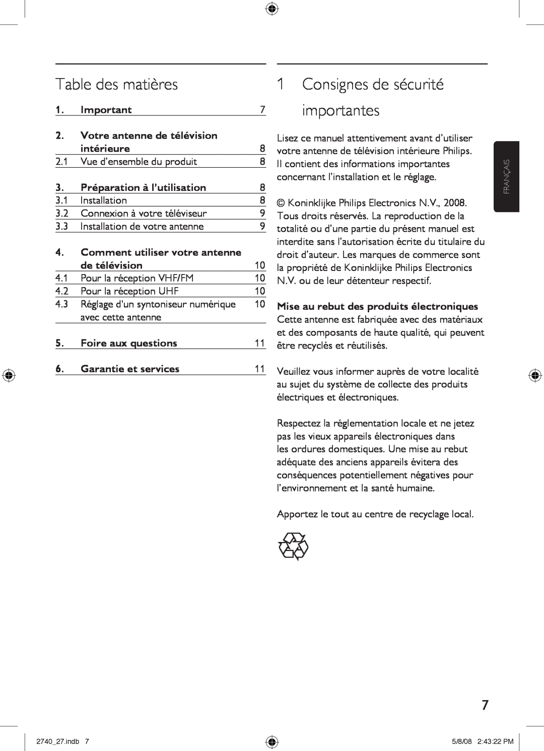 Philips SDV2740/27 manual Table des matières, 1Consignes de sécurité importantes 