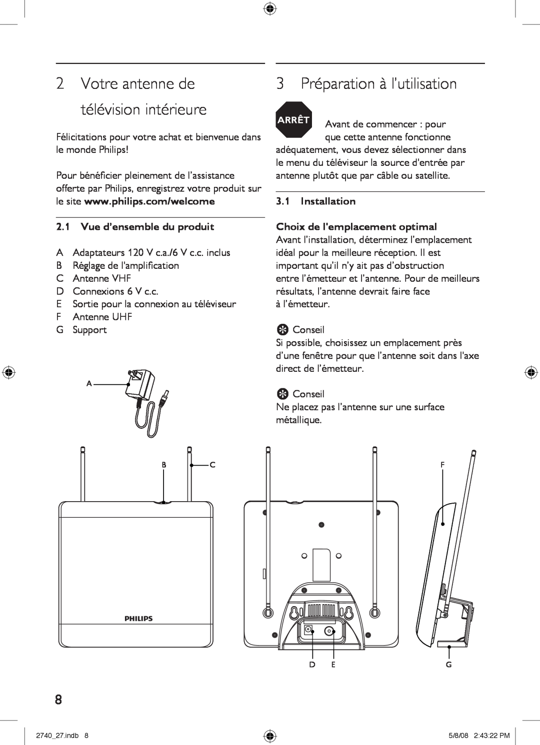 Philips SDV2740/27 manual 3 Préparation à l’utilisation, 2Votre antenne de télévision intérieure 