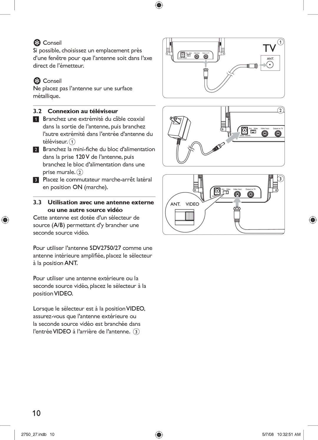 Philips SDV2750/27 manual Connexion au téléviseur 