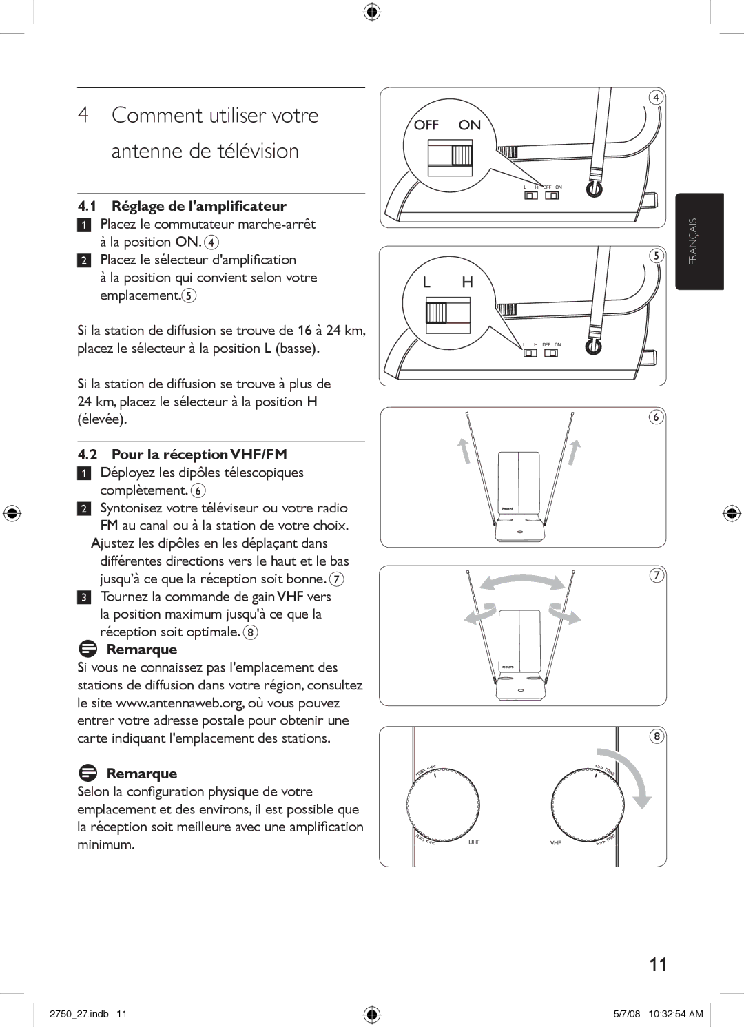 Philips SDV2750/27 manual Comment utiliser votre antenne de télévision, Réglage de lamplificateur, Pour la réception VHF/FM 