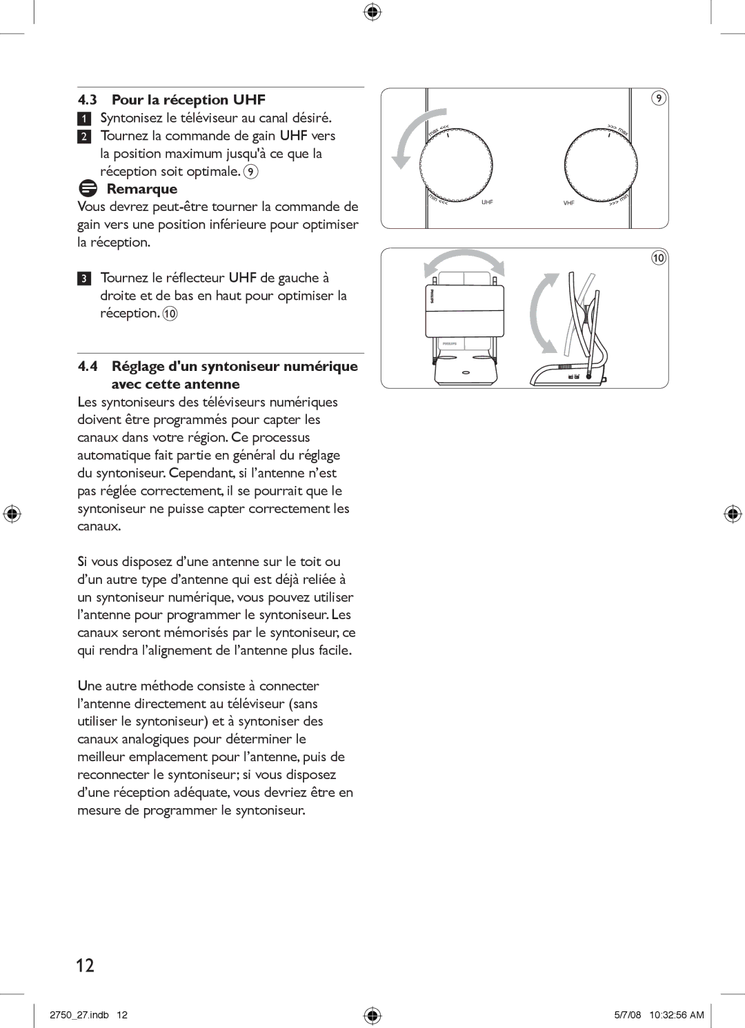 Philips SDV2750/27 manual Pour la réception UHF, Réglage dun syntoniseur numérique avec cette antenne 