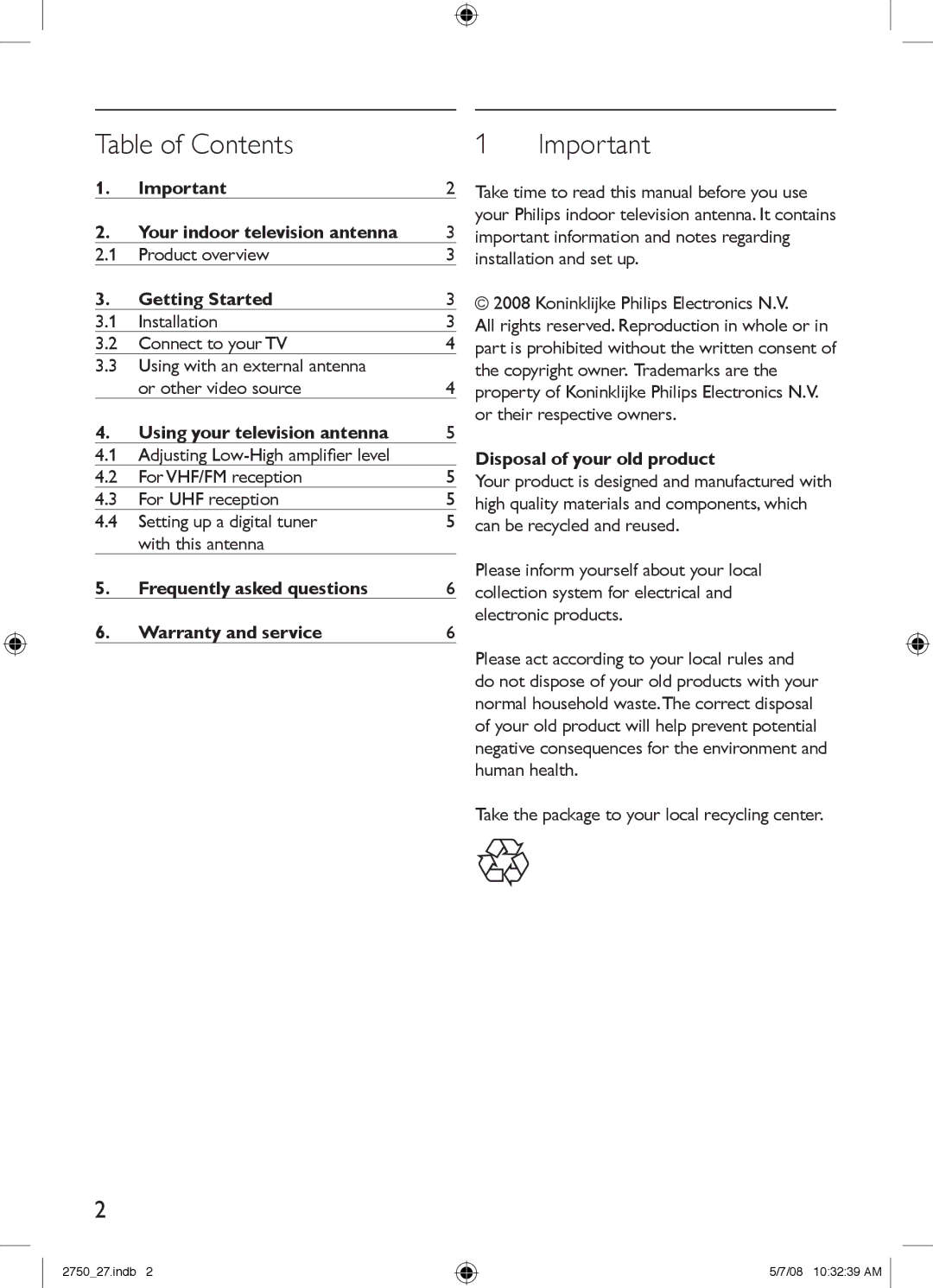 Philips SDV2750/27 manual Table of Contents 