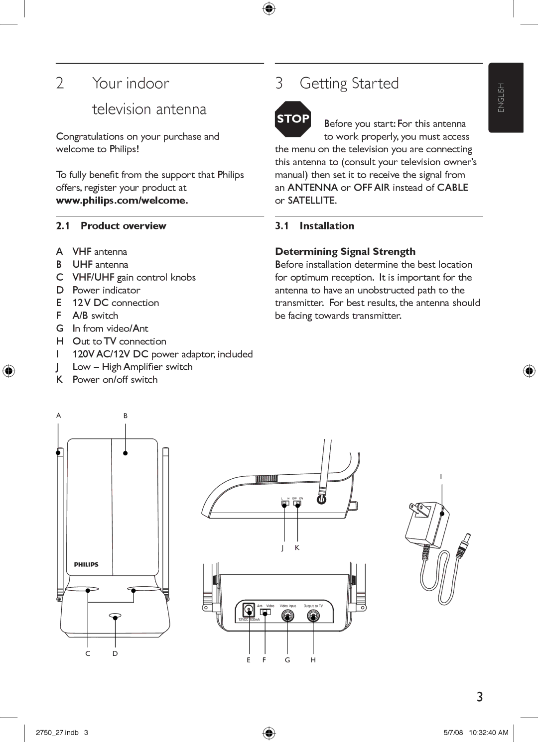 Philips SDV2750/27 manual Getting Started, Your indoor television antenna, Product overview 