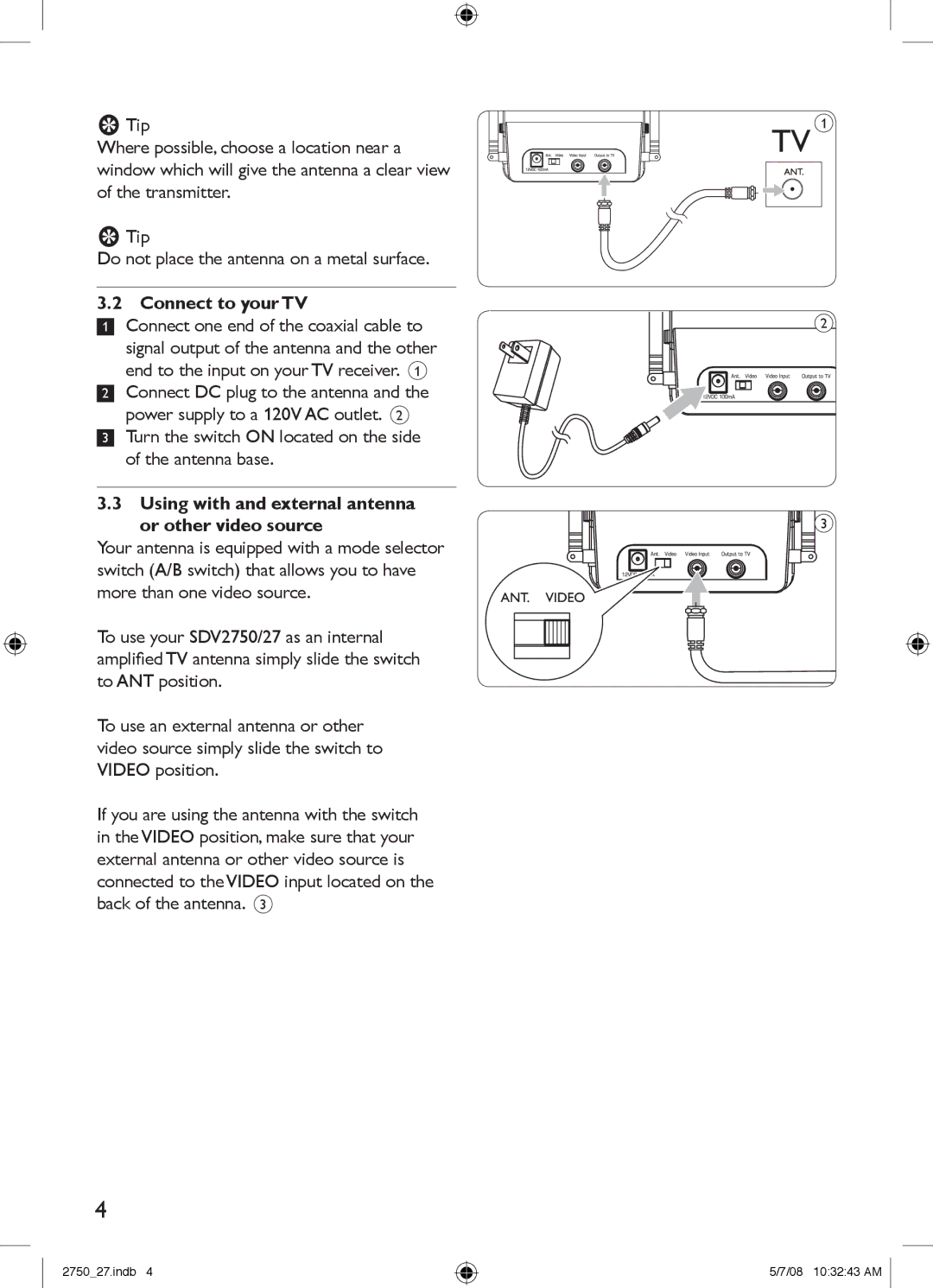 Philips SDV2750/27 manual Connect to your TV, Using with and external antenna Or other video source 