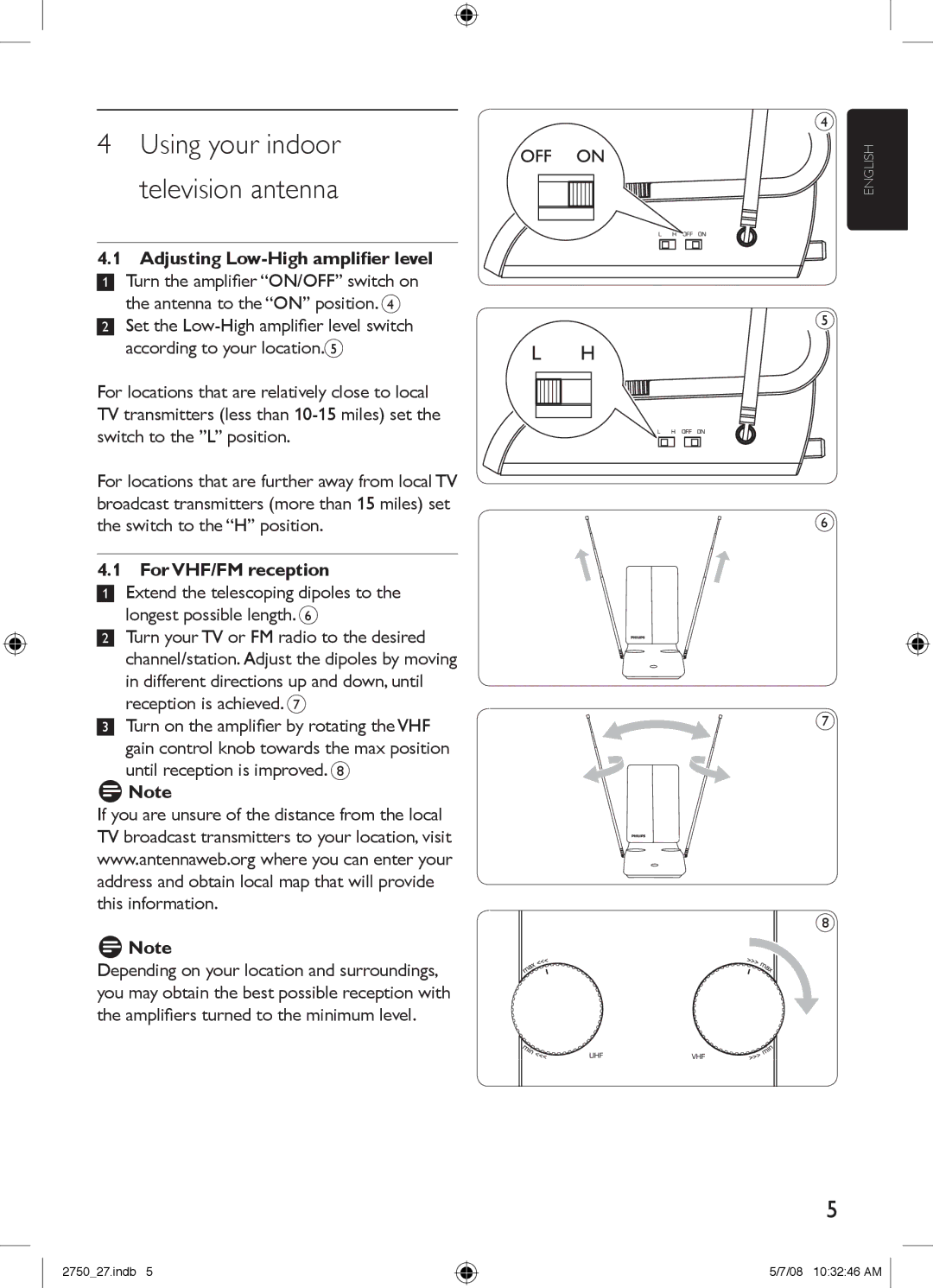 Philips SDV2750/27 manual Using your indoor television antenna, For VHF/FM reception 