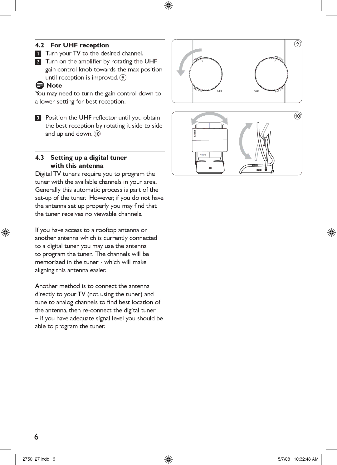 Philips SDV2750/27 manual For UHF reception, Setting up a digital tuner with this antenna 