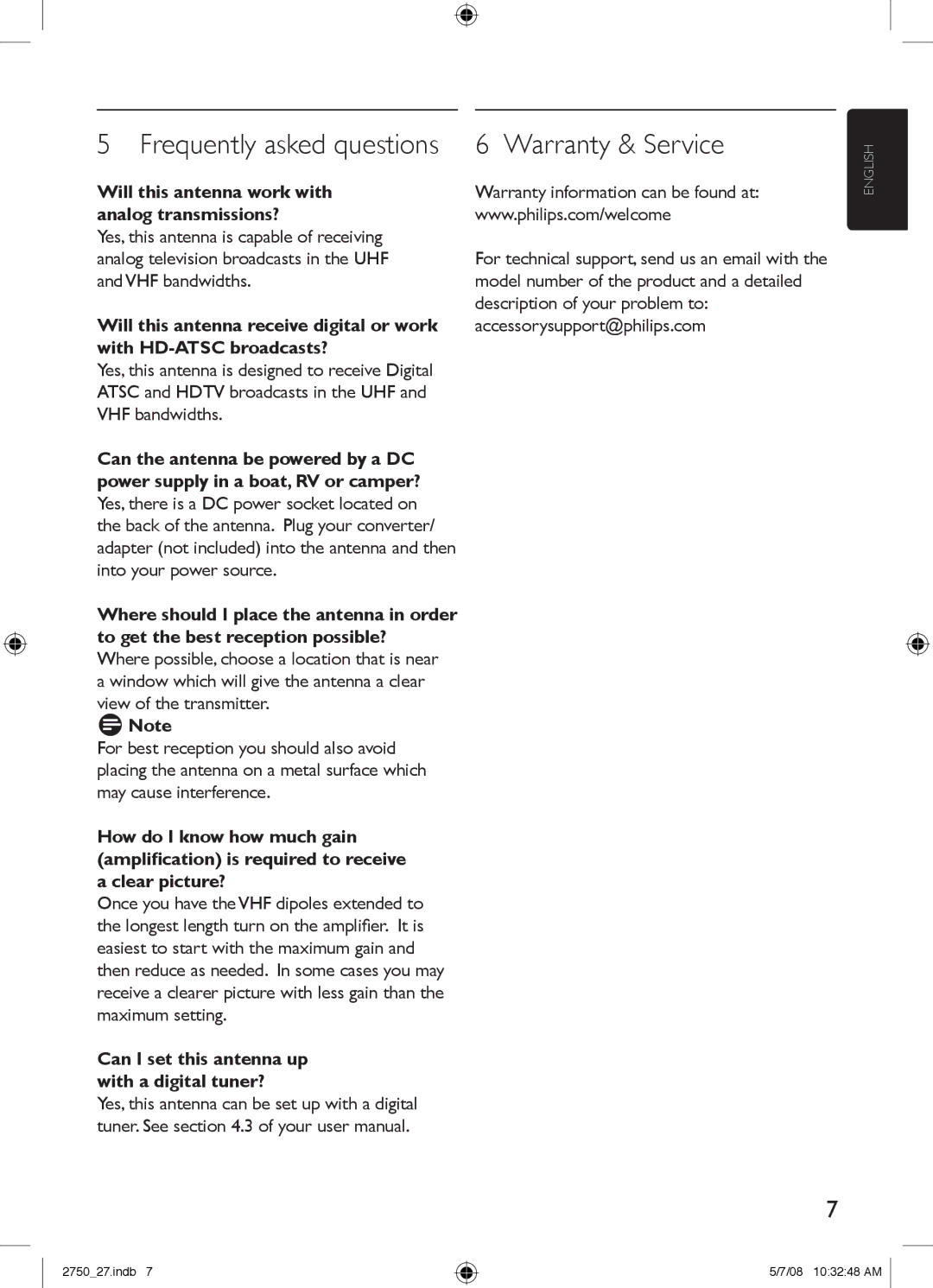 Philips SDV2750/27 manual Frequently asked questions, Warranty & Service, Will this antenna work with analog transmissions? 