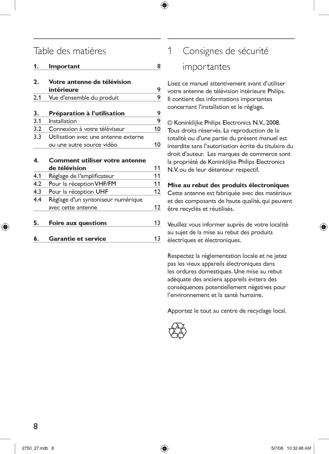 Philips SDV2750/27 manual Table des matières, Votre antenne de télévision Intérieure, Préparation à l’utilisation 