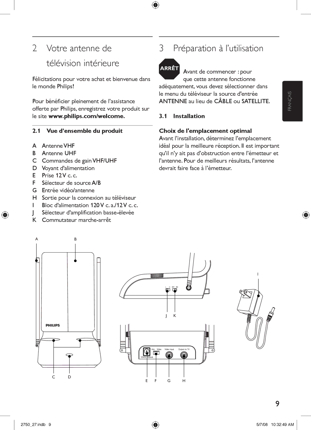 Philips SDV2750/27 manual Préparation à l’utilisation, Votre antenne de télévision intérieure, Vue d’ensemble du produit 