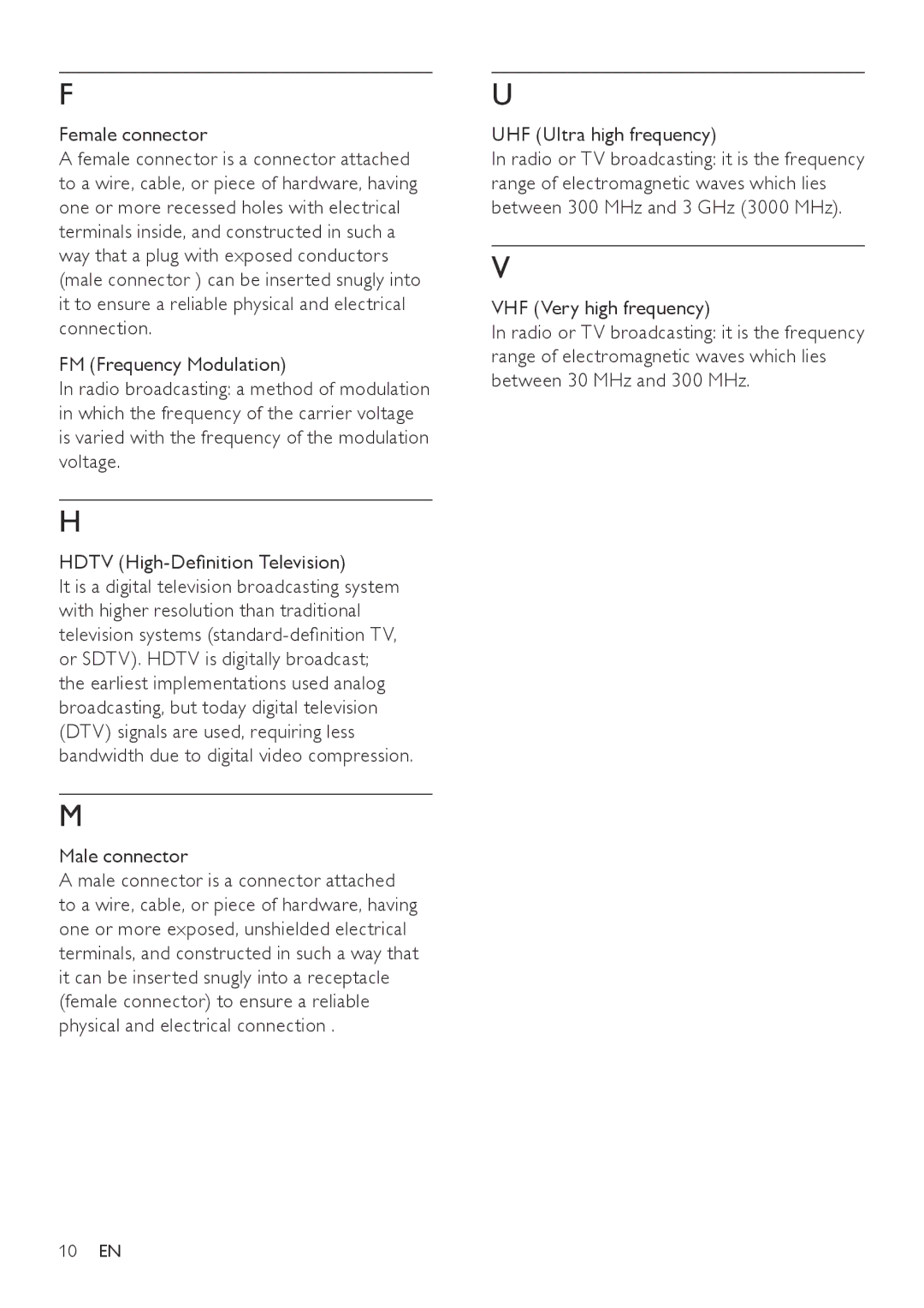 Philips SDV2790/27 user manual Female connector, Male connector, UHF Ultra high frequency, VHF Very high frequency 