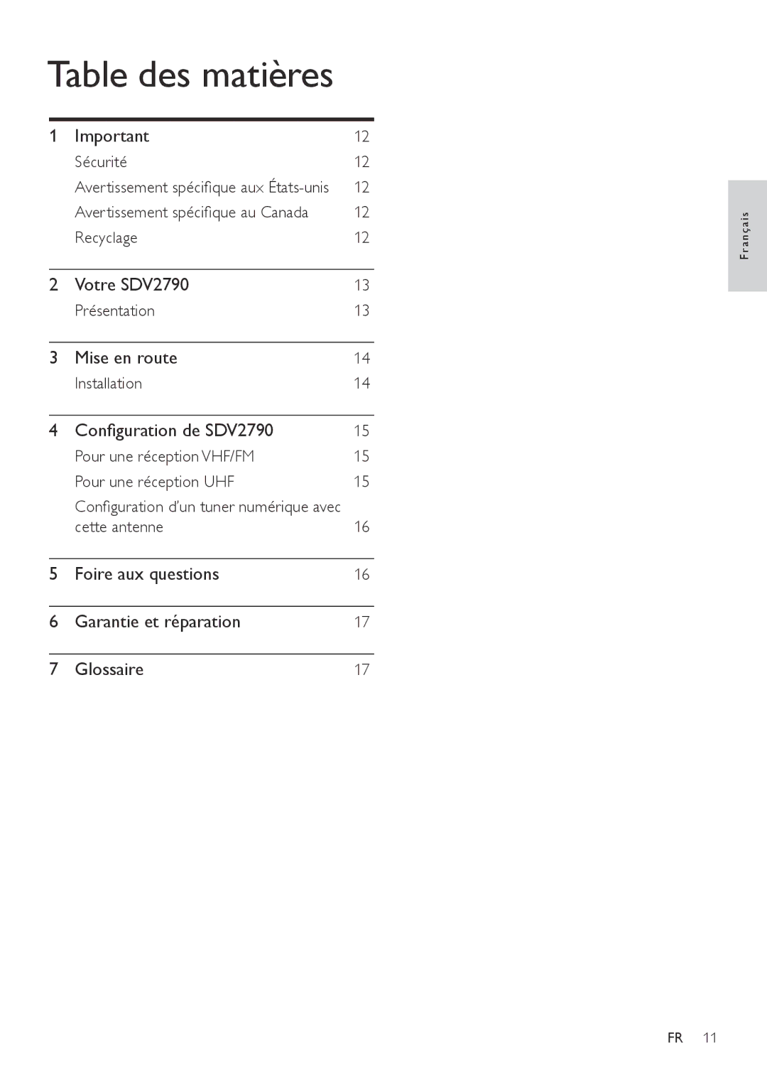 Philips SDV2790/27 user manual Table des matières 