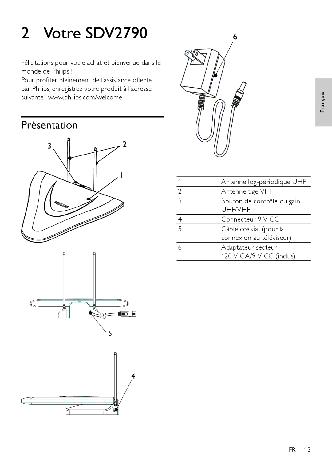 Philips SDV2790/27 user manual Votre SDV2790, Présentation, Connecteur 9 V CC, Adaptateur secteur 120 V CA/9 V CC inclus 