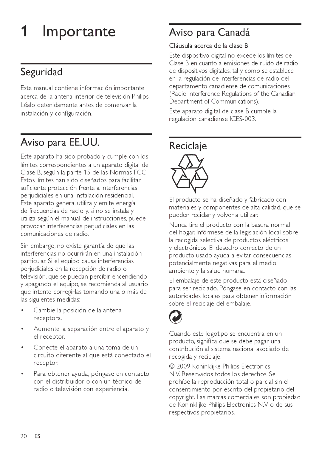 Philips SDV2790/27 user manual Importante, Seguridad, Aviso para Canadá, Aviso para EE.UU, Reciclaje 