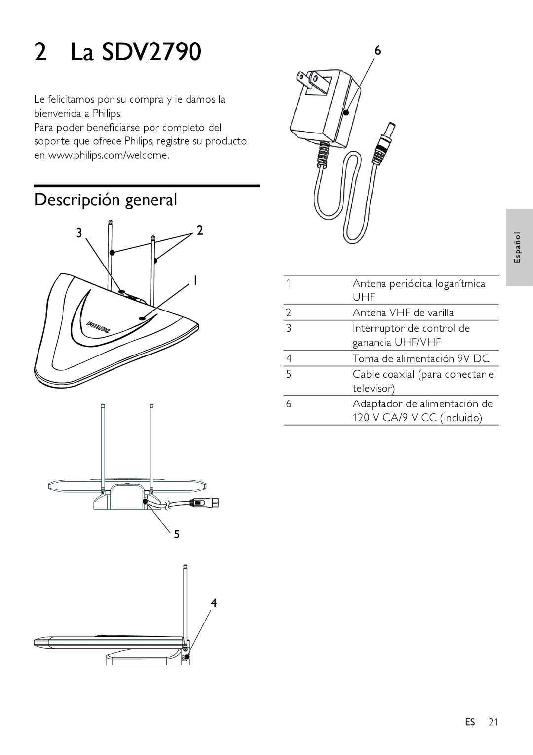 Philips SDV2790/27 user manual La SDV2790, Descripción general, 1Antena periódica logarítmica 