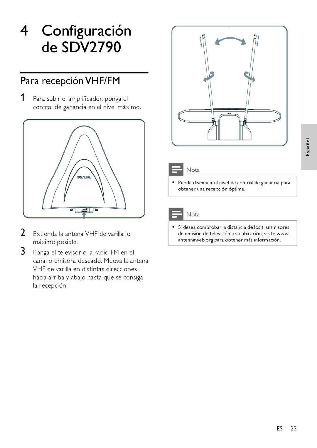 Philips SDV2790/27 user manual Configuración de SDV2790, Para recepción VHF/FM 